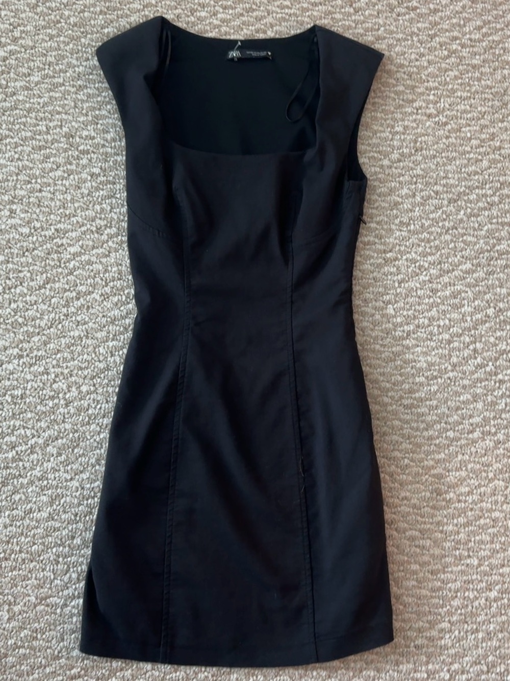 Zara Black Square Neck Mini Dress Fitted Bodycon Cap Sleeve Size XS